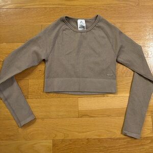 Brown Ribbed Longsleeve Cropped Workout Top